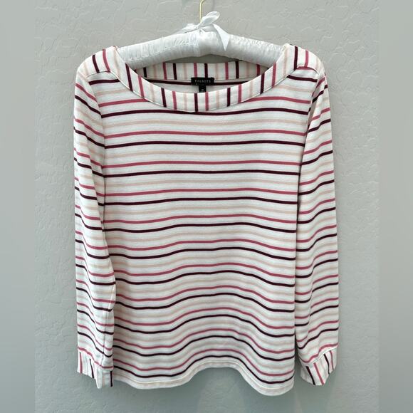 TALBOTS | Striped Long Sleeve Shirt White Pink Burgundy Boat Neck Top | Medium - Picture 1 of 6